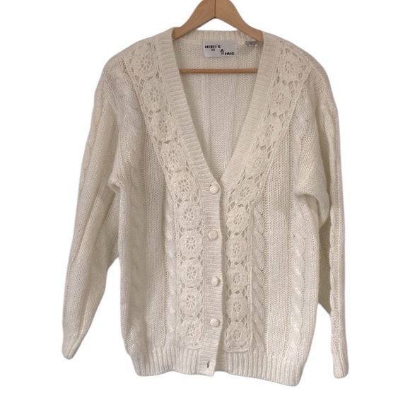 Vintage Sweaters - Vintage Here’s a Hug Cream Cable Knit Cardigan button front size Large